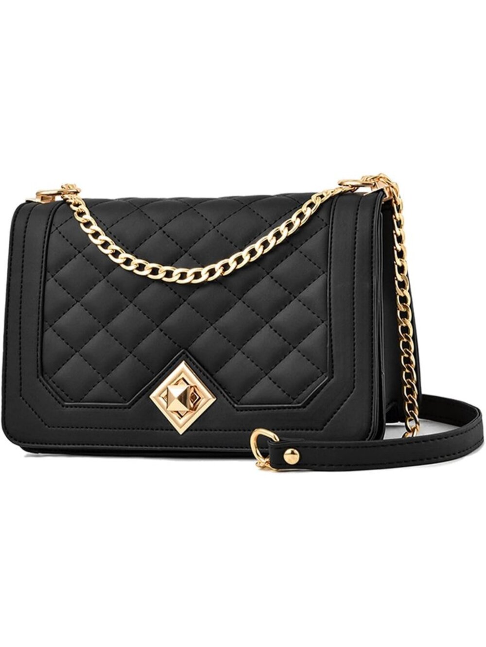 Women's Linge Black Quilted Small Pu Leather Shoulder Purse Chain Crossbody Bag